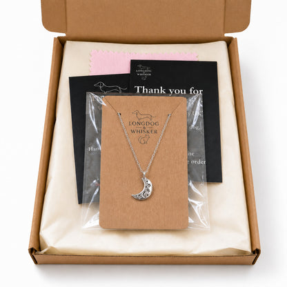 Celestial Moon Necklace in Longdog & Whisker packaging