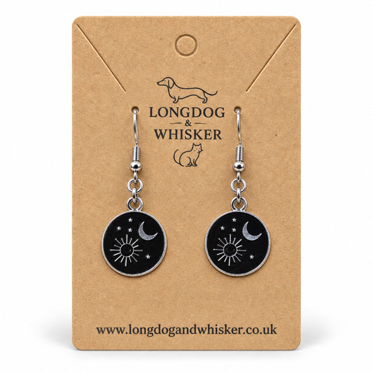 Celestial Sun and Moon Drop Earrings on a Longdog & Whisker card