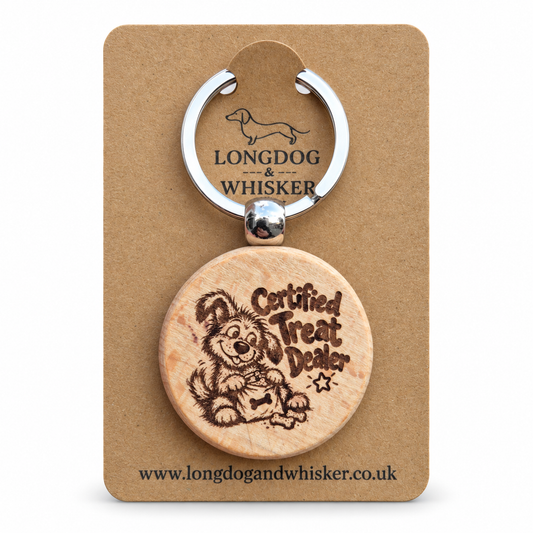 Certified Treat Dealer dog wooden keyring on Longdog & Whisker kraft card