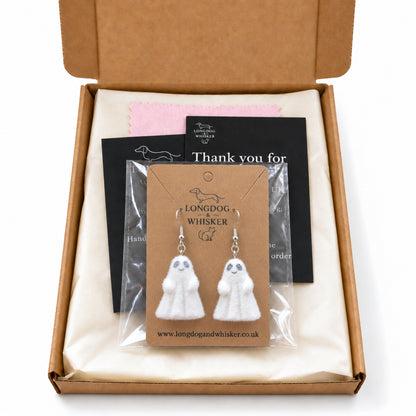 Cheeky Ghost Earrings sealed in a Longdog & Whisker gift-ready postal box