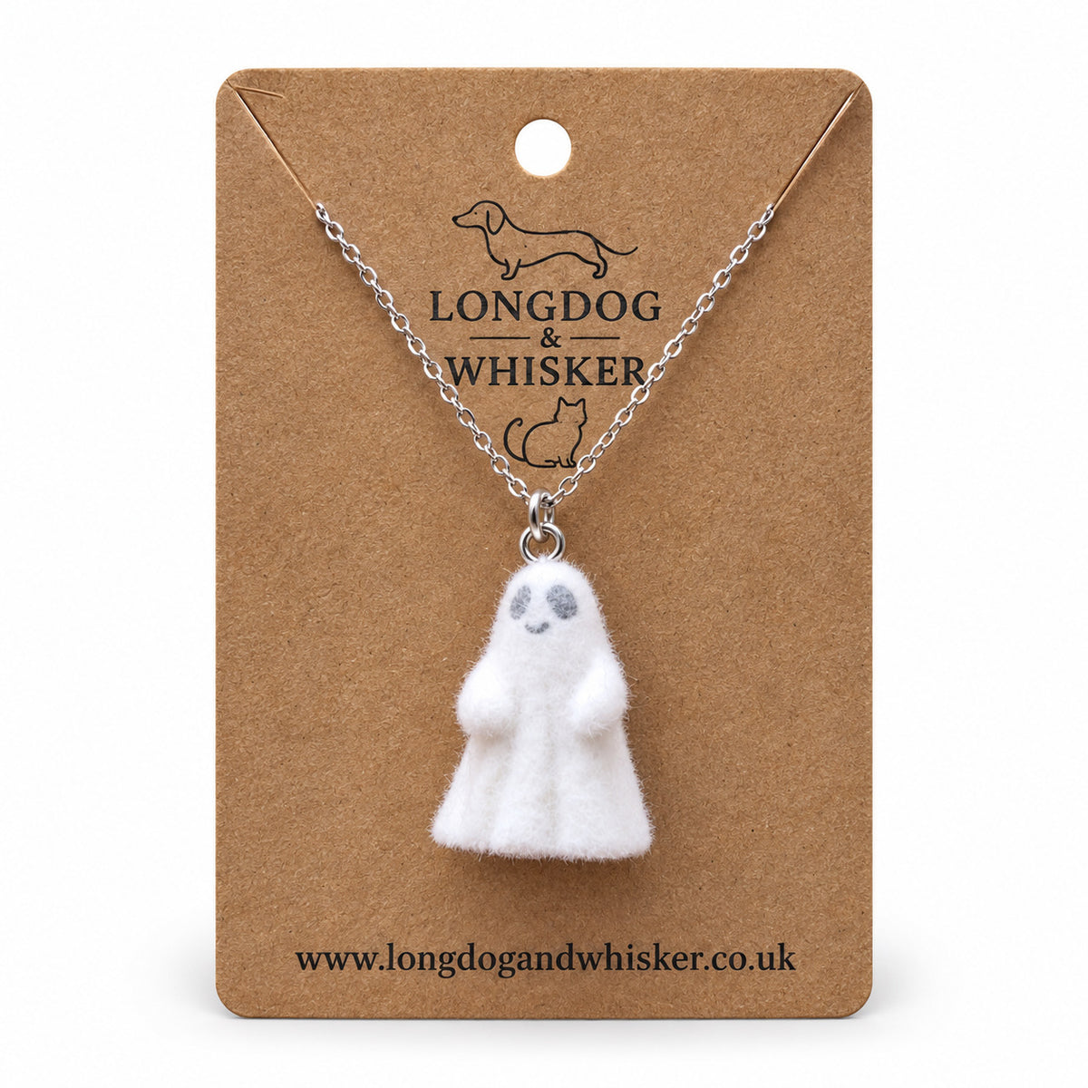Cheeky Ghost Necklace on a Longdog & Whisker kraft product card