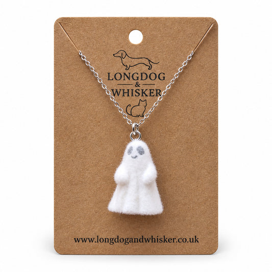 Cheeky Ghost Necklace on a Longdog & Whisker kraft product card