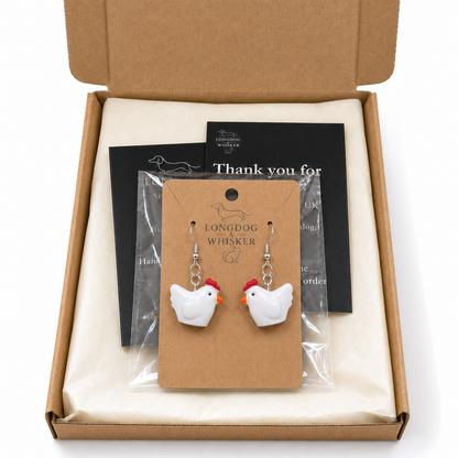 Chicken Earrings in Longdog & Whisker gift packaging