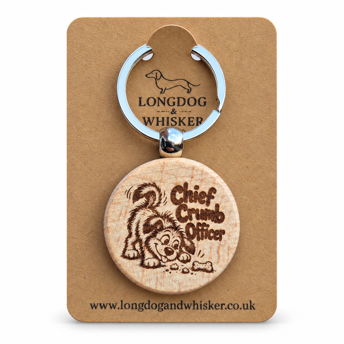 Chief Crumb Officer dog wooden keyring on Longdog & Whisker kraft card