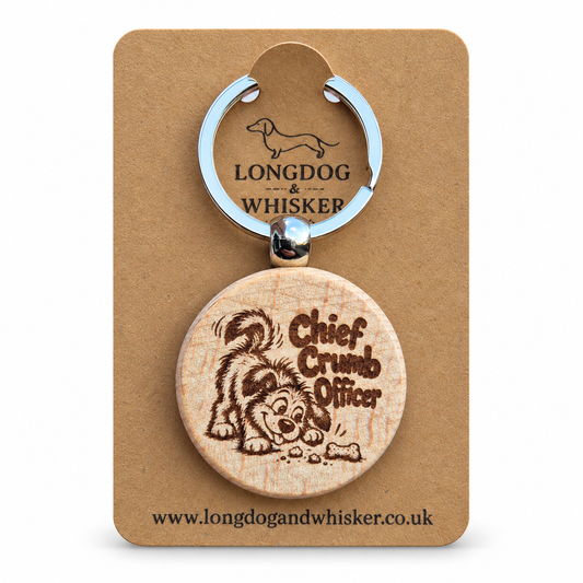 Chief Crumb Officer dog wooden keyring on Longdog & Whisker kraft card