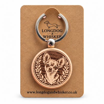 Chihuahua wooden keyring on a Longdog & Whisker product card