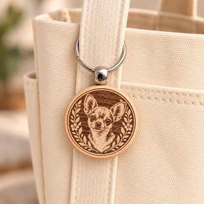 Chihuahua wooden keyring attached to a cream canvas tote bag
