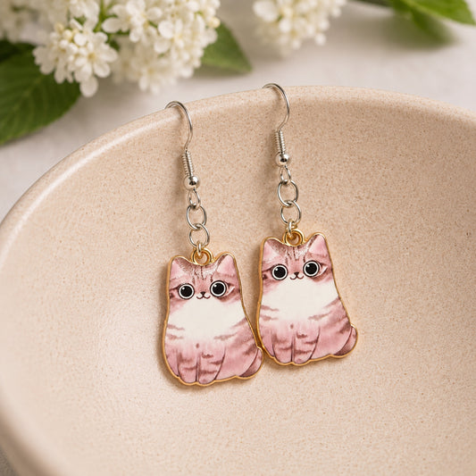 Chonky Cat Earrings - Tabby displayed in a lifestyle product photo