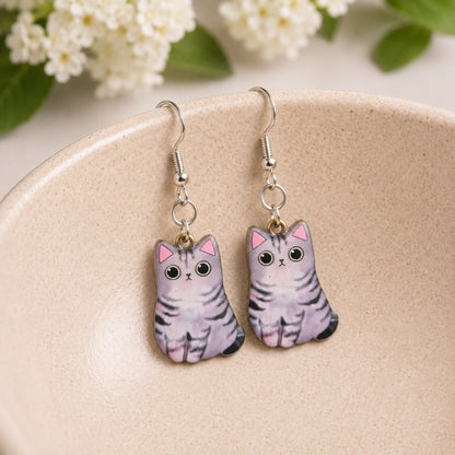 Chonky Cat Earrings - Grey Tabby displayed in a lifestyle product photo