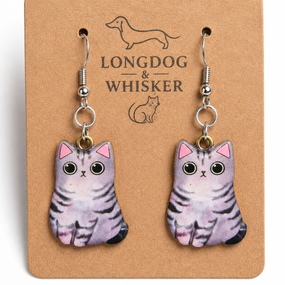 Close-up detail of Chonky Cat Earrings - Grey Tabby