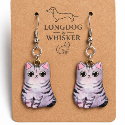 Close-up detail of Chonky Cat Earrings - Grey Tabby