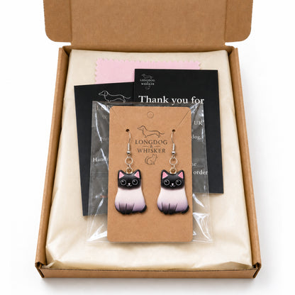 Chonky Cat Earrings - Siamese with Longdog & Whisker packaging