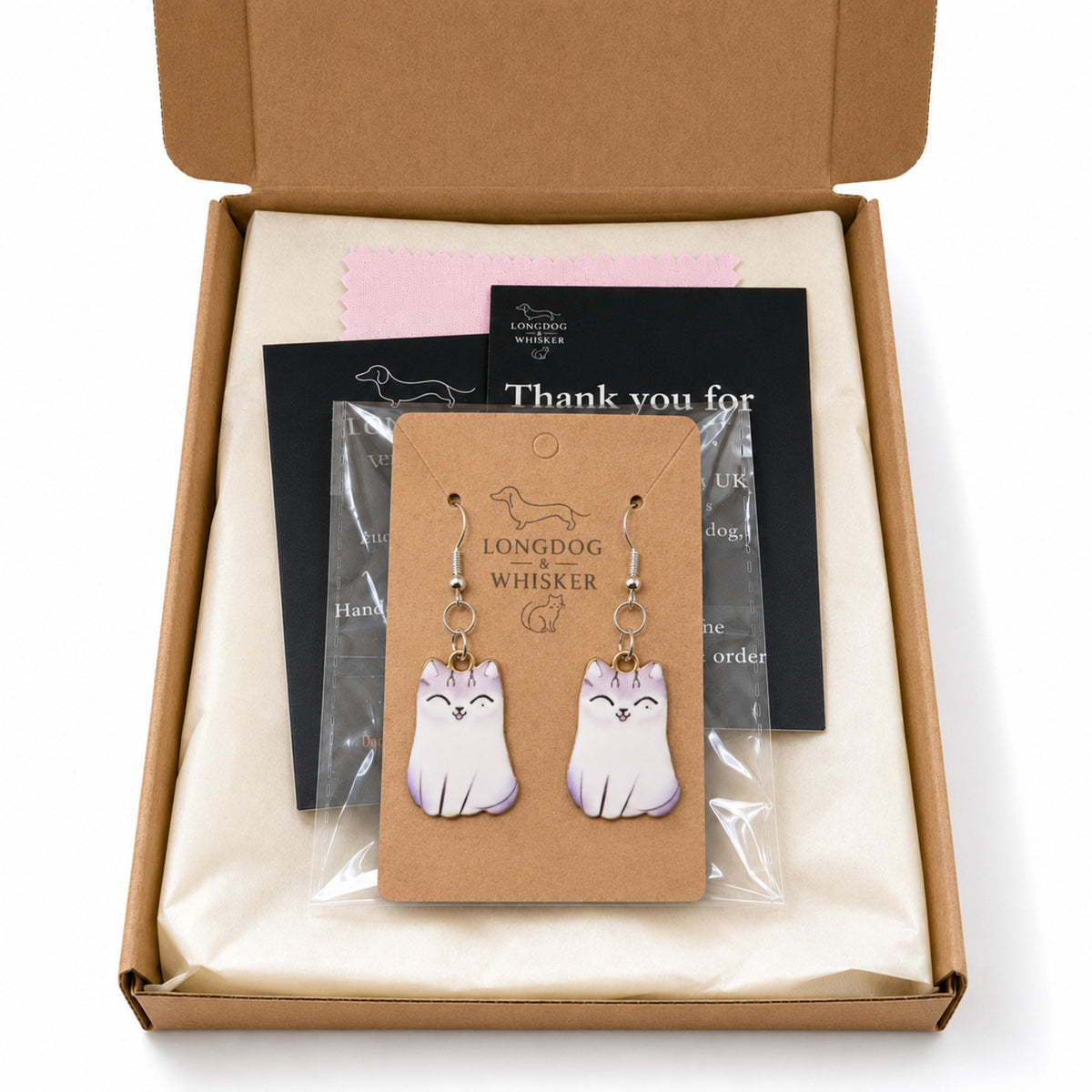 Chonky Cat Earrings - Tonki with Longdog & Whisker packaging