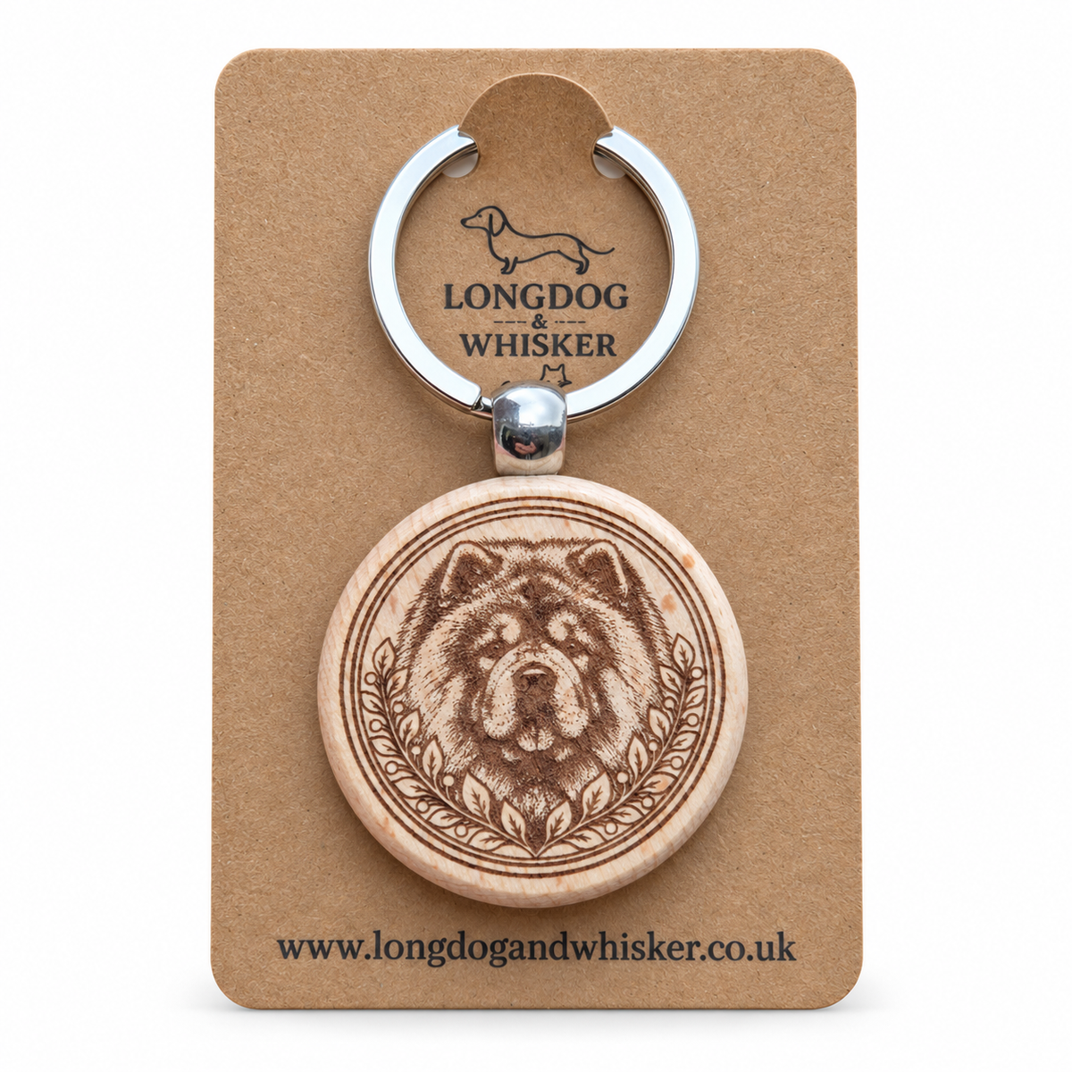 Chow Chow wooden keyring with leafy portrait frame on Longdog & Whisker kraft card