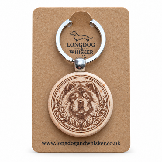 Chow Chow wooden keyring with leafy portrait frame on Longdog & Whisker kraft card