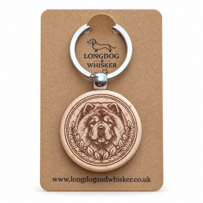 Chow Chow wooden keyring with leafy portrait frame on Longdog & Whisker kraft card