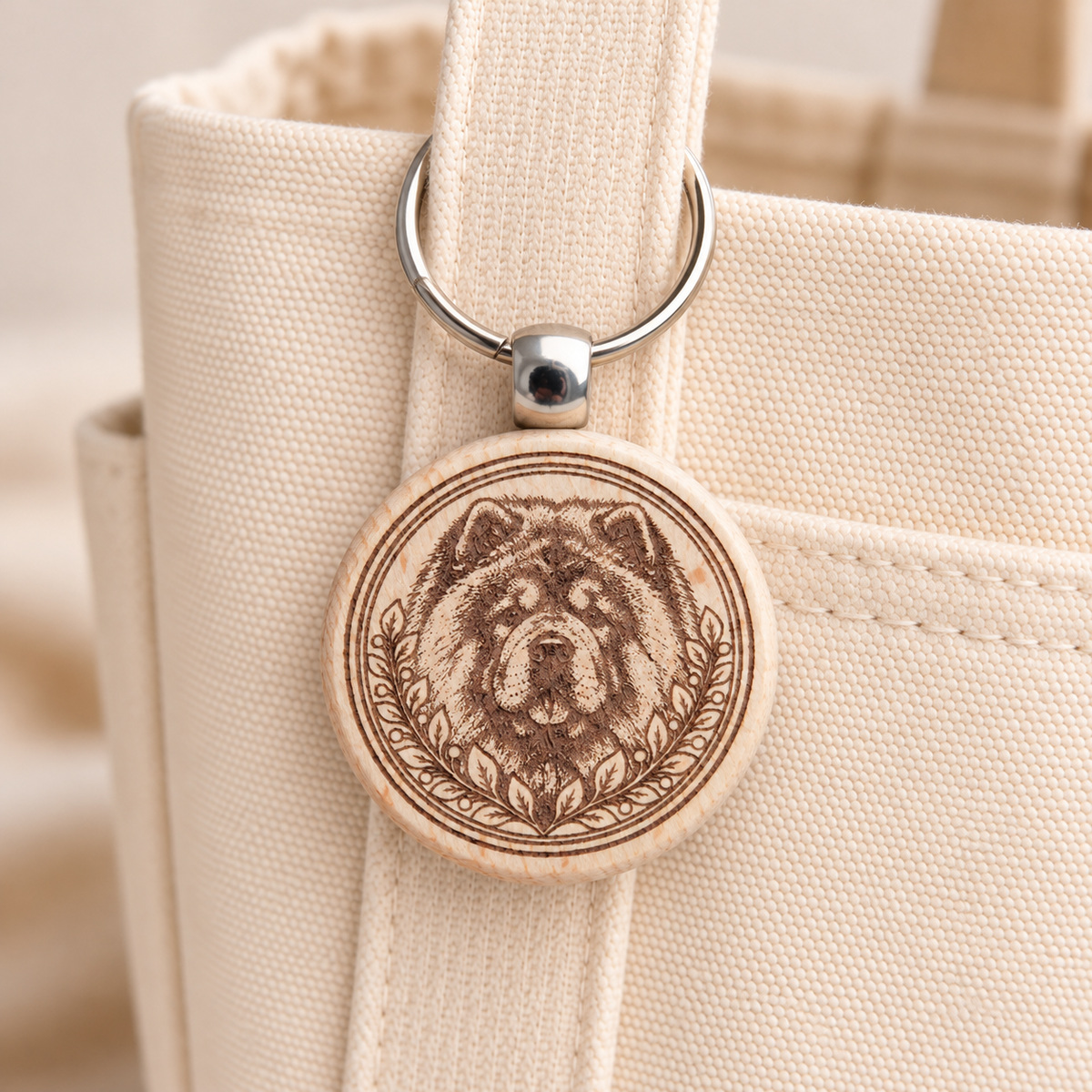 Chow Chow wooden keyring attached to a cream canvas tote handle