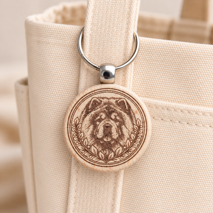 Chow Chow wooden keyring attached to a cream canvas tote handle