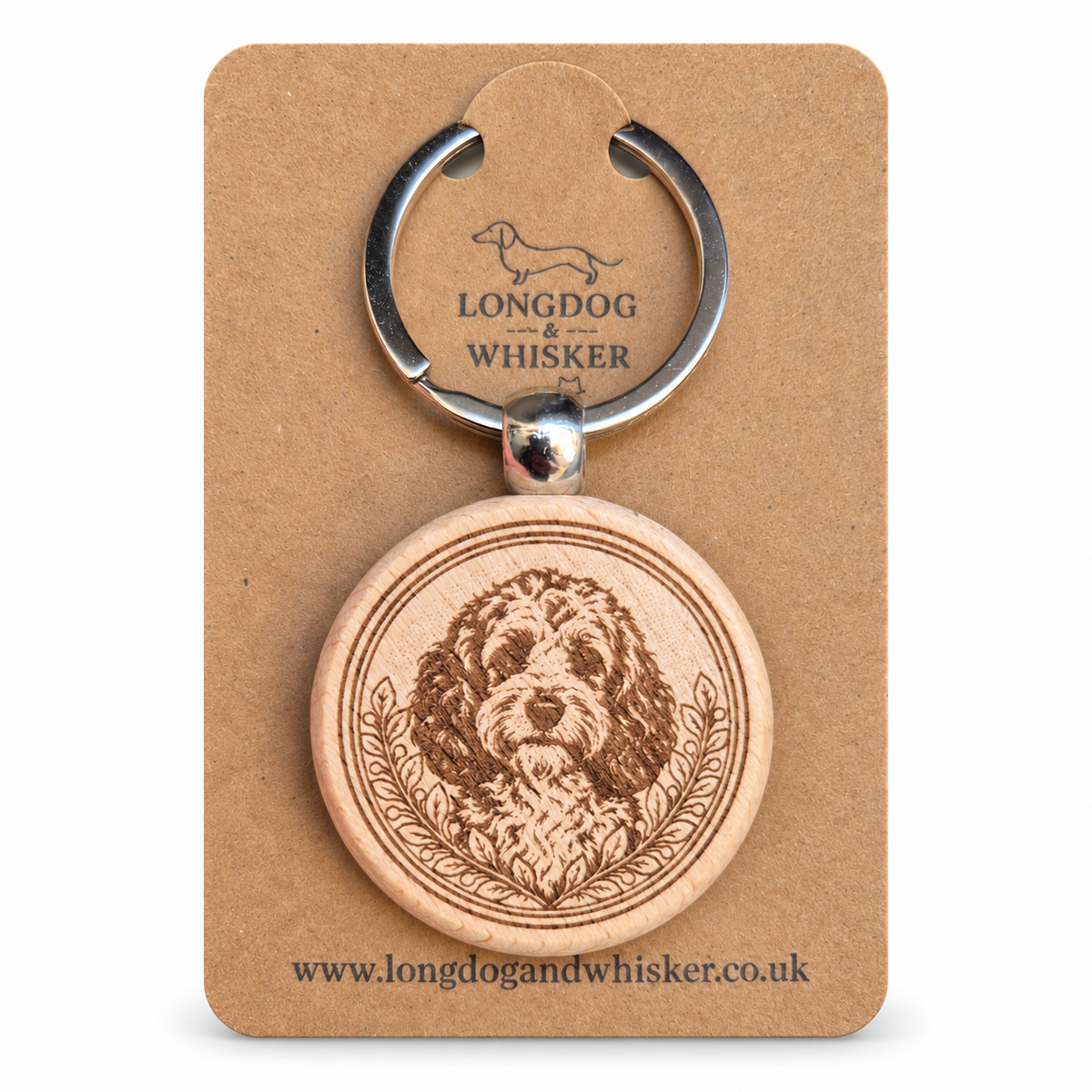 Cockapoo wooden keyring with leafy border on Longdog & Whisker kraft card