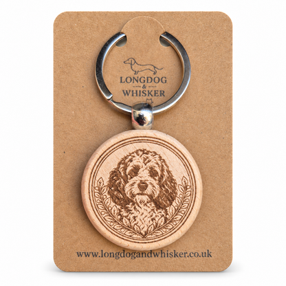 Cockapoo wooden keyring with leafy border on Longdog & Whisker kraft card