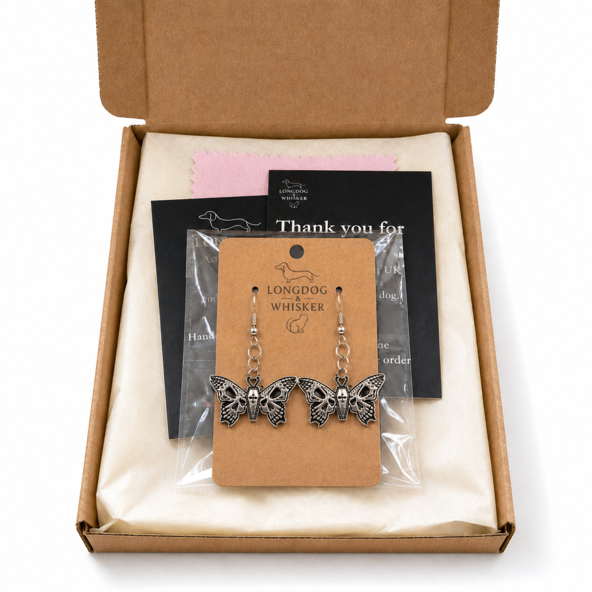 Coffin Butterfly Earrings with Longdog & Whisker packaging