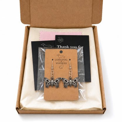 Coffin Butterfly Earrings with Longdog & Whisker packaging