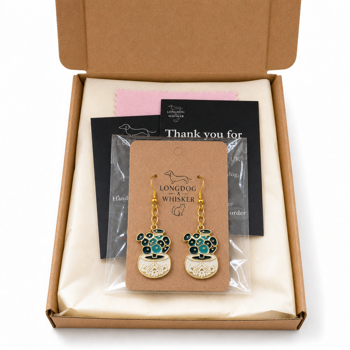 Coin Leaf Plant Pot Earrings with Longdog & Whisker packaging