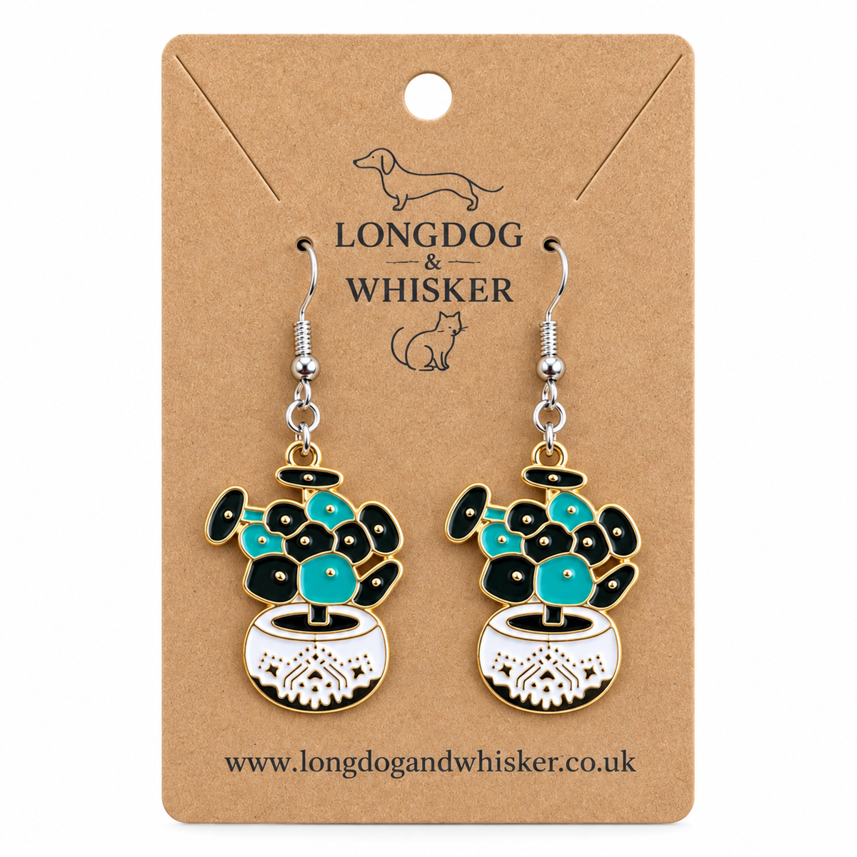 Coin Leaf Plant Pot Earrings on Longdog & Whisker display card with silver hooks