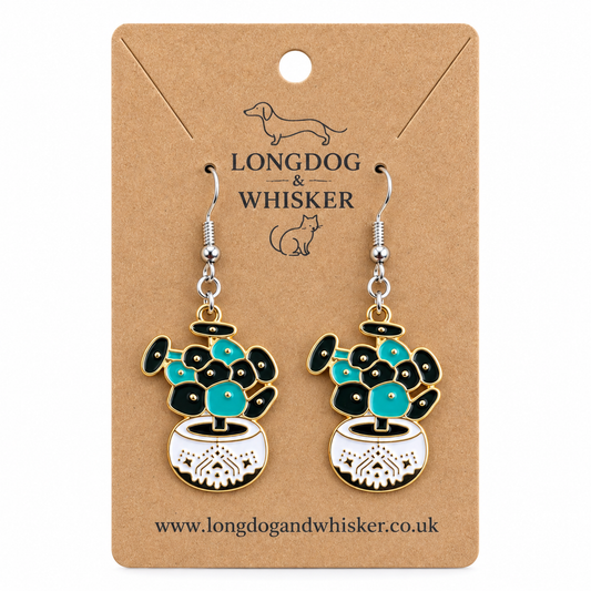 Coin Leaf Plant Pot Earrings on Longdog & Whisker display card with silver hooks