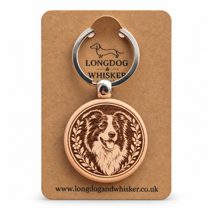 Collie wooden keyring on a Longdog & Whisker product card