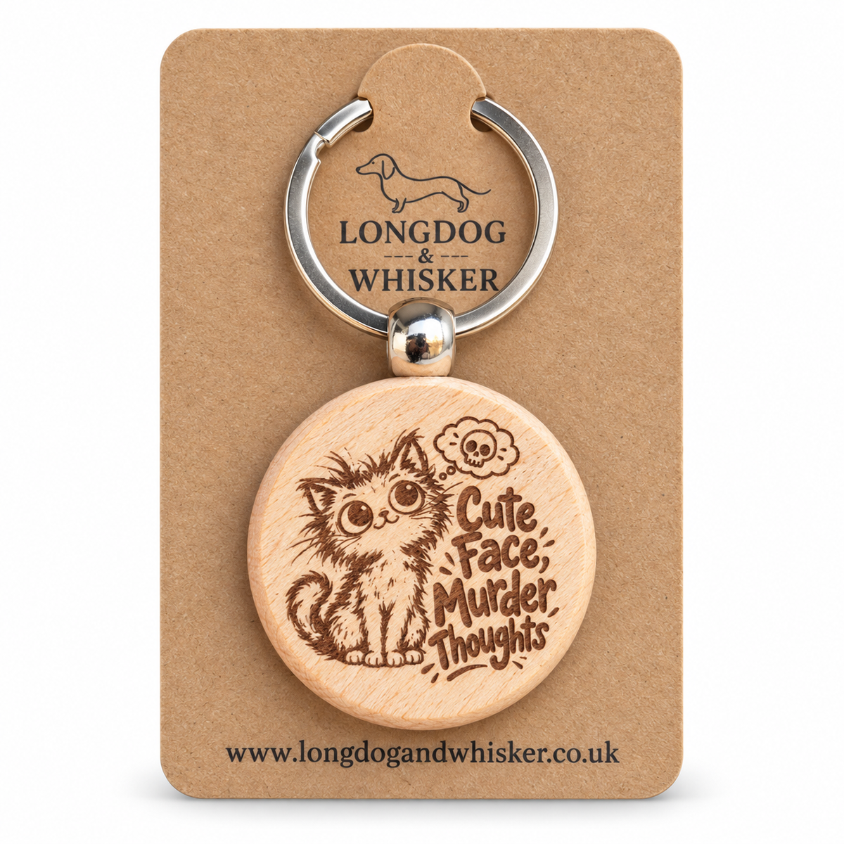 Cute Face Murder Thoughts cat wooden keyring on a Longdog & Whisker card