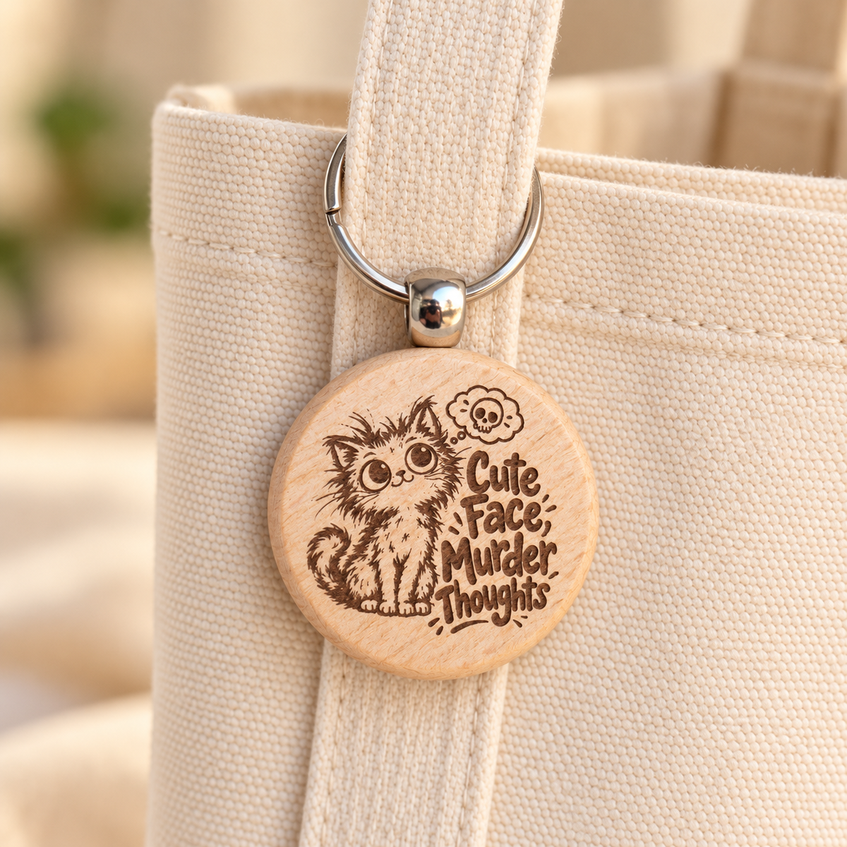 Cute Face Murder Thoughts wooden cat keyring attached to a cream tote bag