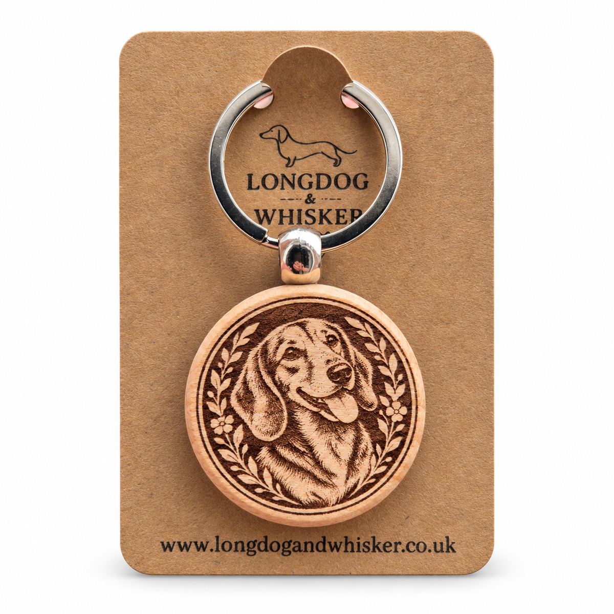 Dachshund wooden keyring on a Longdog & Whisker product card