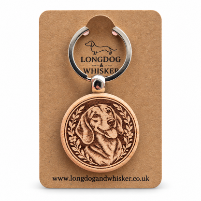 Dachshund wooden keyring on a Longdog & Whisker product card