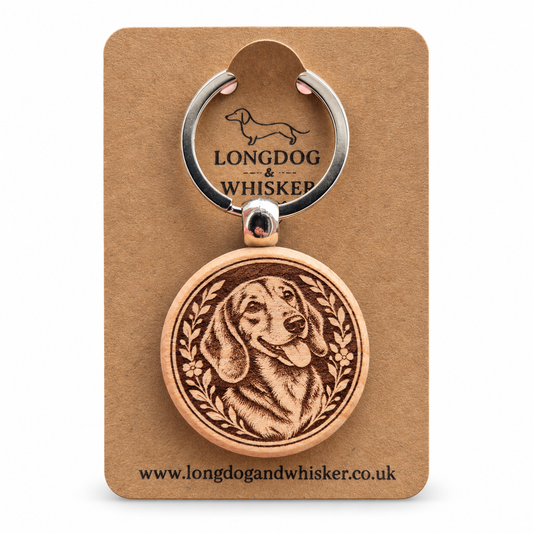 Dachshund wooden keyring on a Longdog & Whisker product card