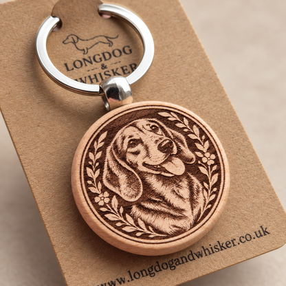 Close-up of the engraved Dachshund wooden keyring and silver-tone hardware