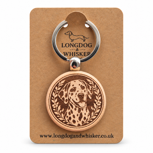 Dalmatian wooden keyring on a Longdog & Whisker product card