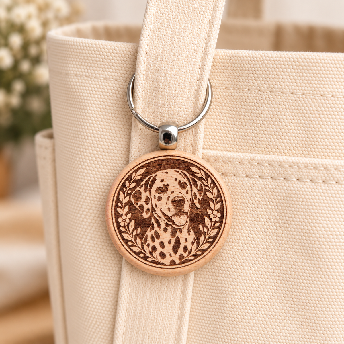 Dalmatian wooden keyring attached to a cream canvas tote bag