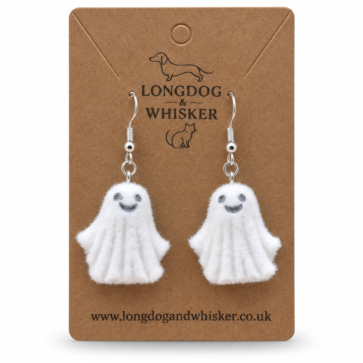 Dancing Ghost Earrings on a Longdog & Whisker kraft card