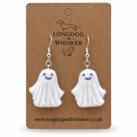Dancing Ghost Earrings on a Longdog & Whisker kraft card