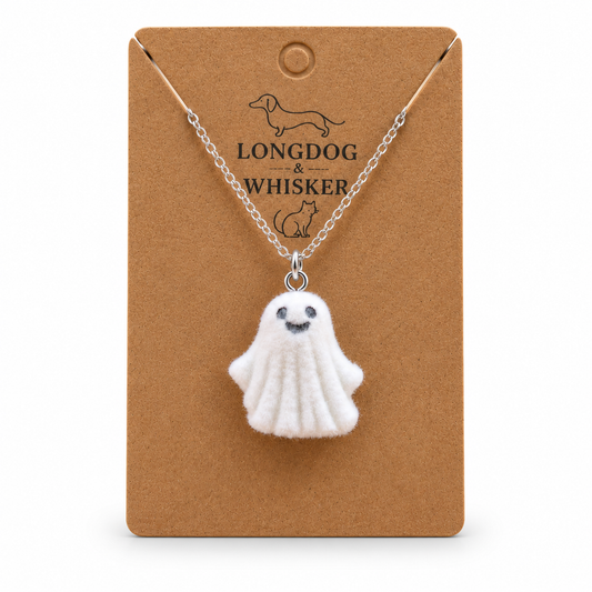 Dancing Ghost Necklace on a Longdog & Whisker kraft product card