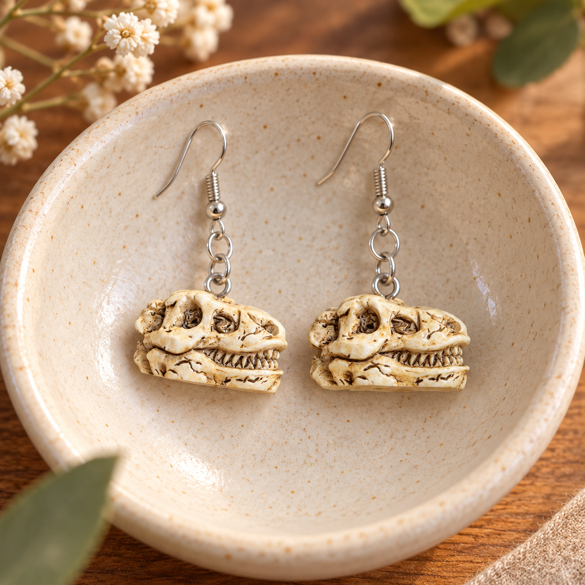 Dinosaur Skull Earrings in ceramic bowl lifestyle scene