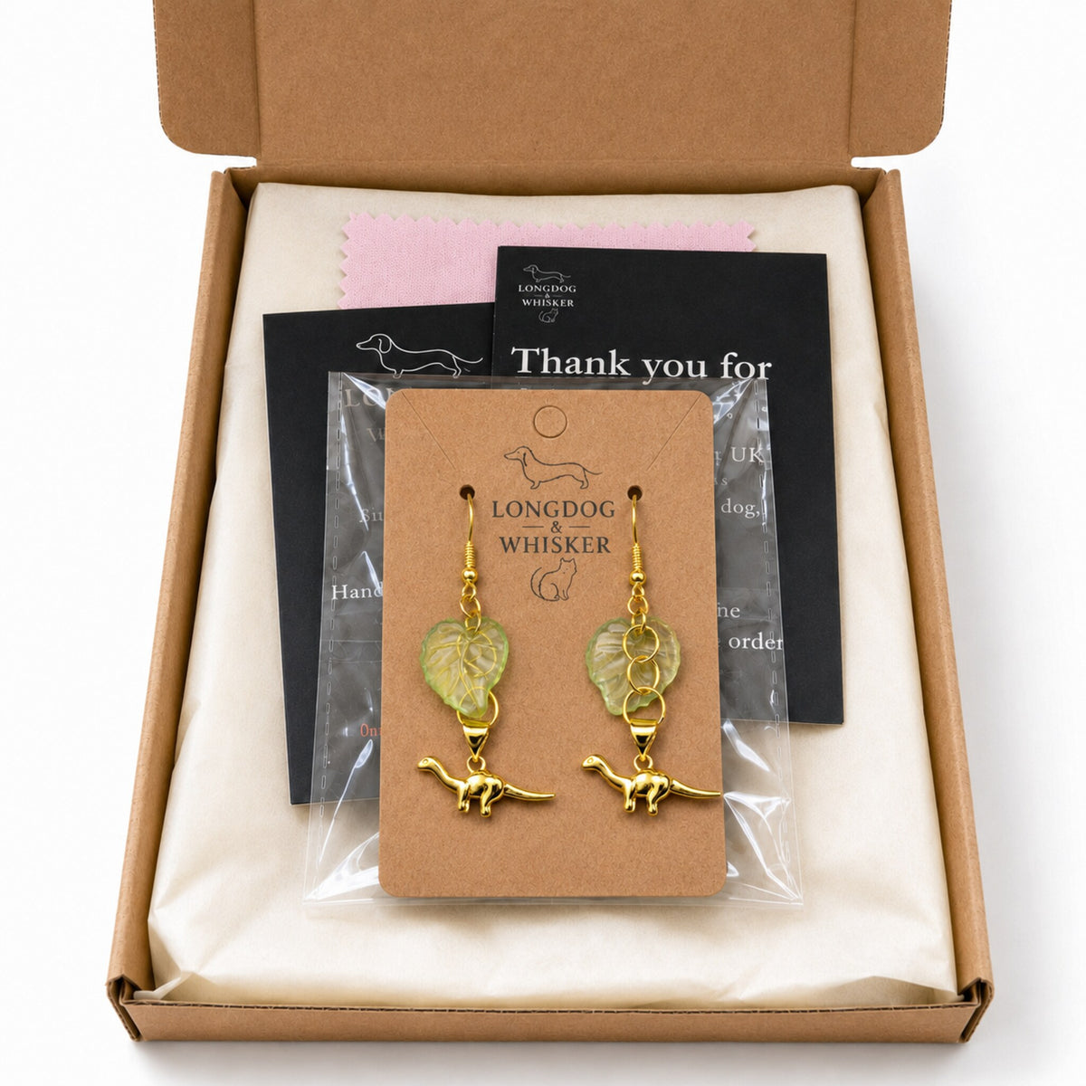 Small Dippy Dinosaur Earrings - Gold Hook with Longdog & Whisker packaging