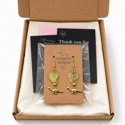 Small Dippy Dinosaur Earrings - Gold Hook with Longdog & Whisker packaging