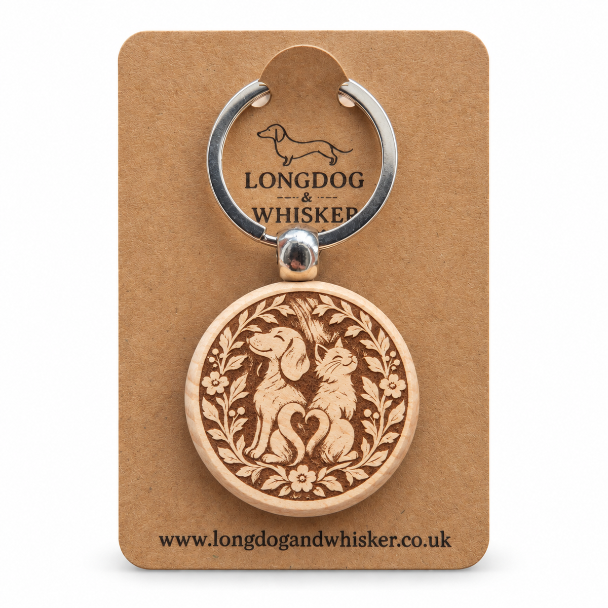 Dog and Cat Love wooden keyring on its Longdog & Whisker card