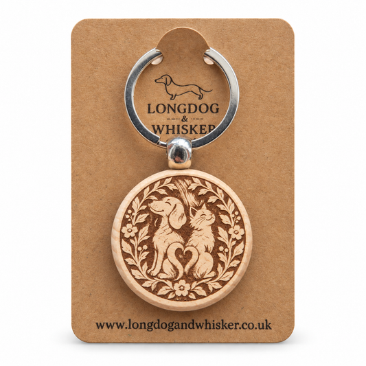 Dog and Cat Love wooden keyring on its Longdog & Whisker card