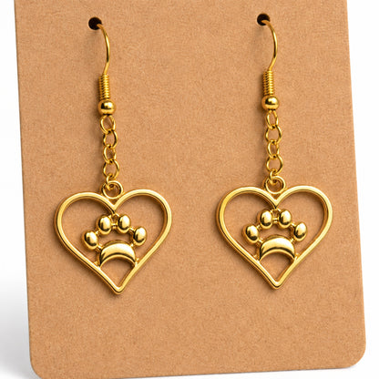 Close-up detail of Gold Heart Dog Paw Print Earrings
