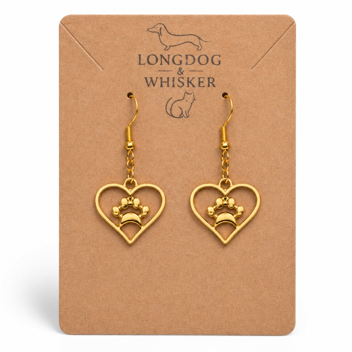Gold Heart Dog Paw Print Earrings by Longdog & Whisker