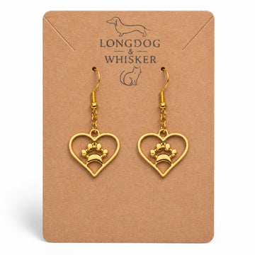 Gold Heart Dog Paw Print Earrings