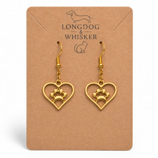 Gold Heart Dog Paw Print Earrings